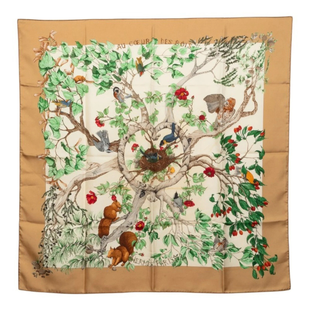Hermes Carre 90 "In the Forest" (AU COEUR DES BOIS) Scarf/Muffler, Beige/Mult...